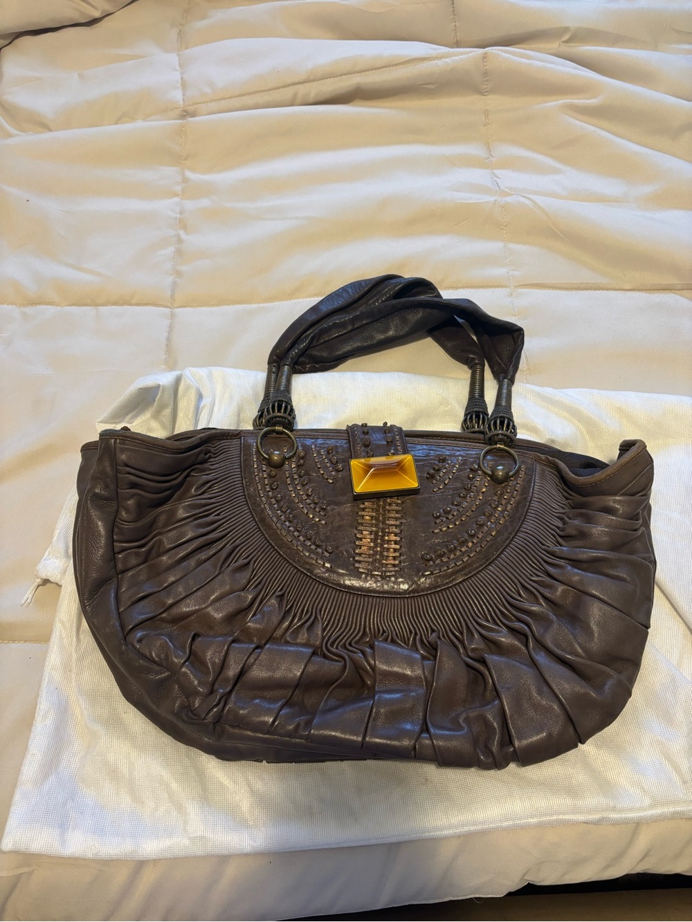 Dior Dark Brown Ruched Leather Shoulder Bag with Gold Accent